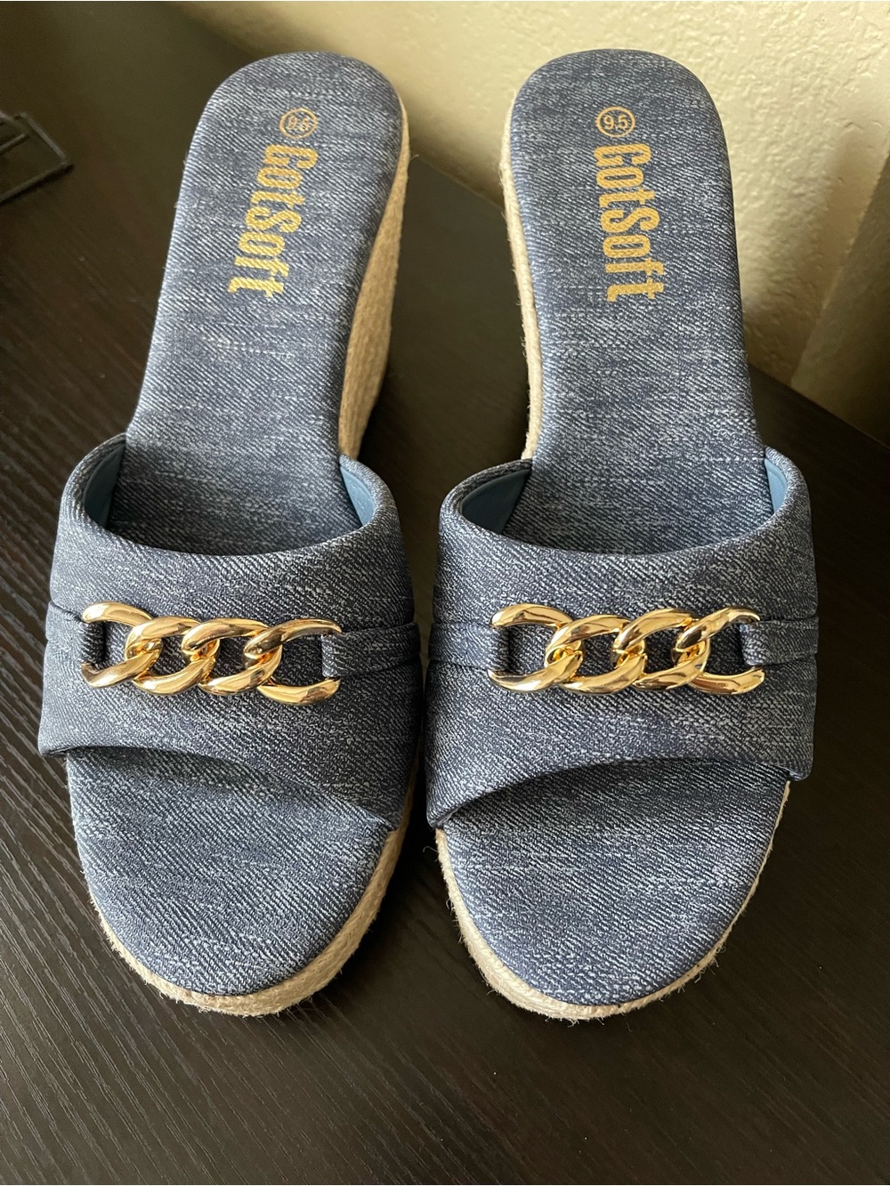 GotSoft Denim Jean Blue Wedge Slide Sandals with Gold Chain Accent